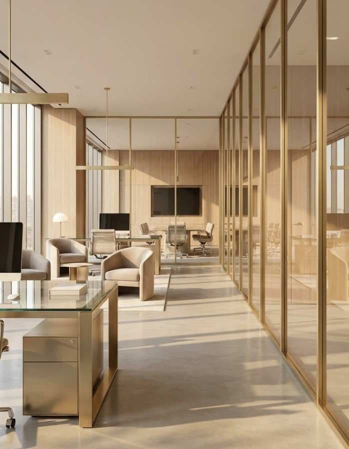 Office corridor with glass partitions and bronze framing