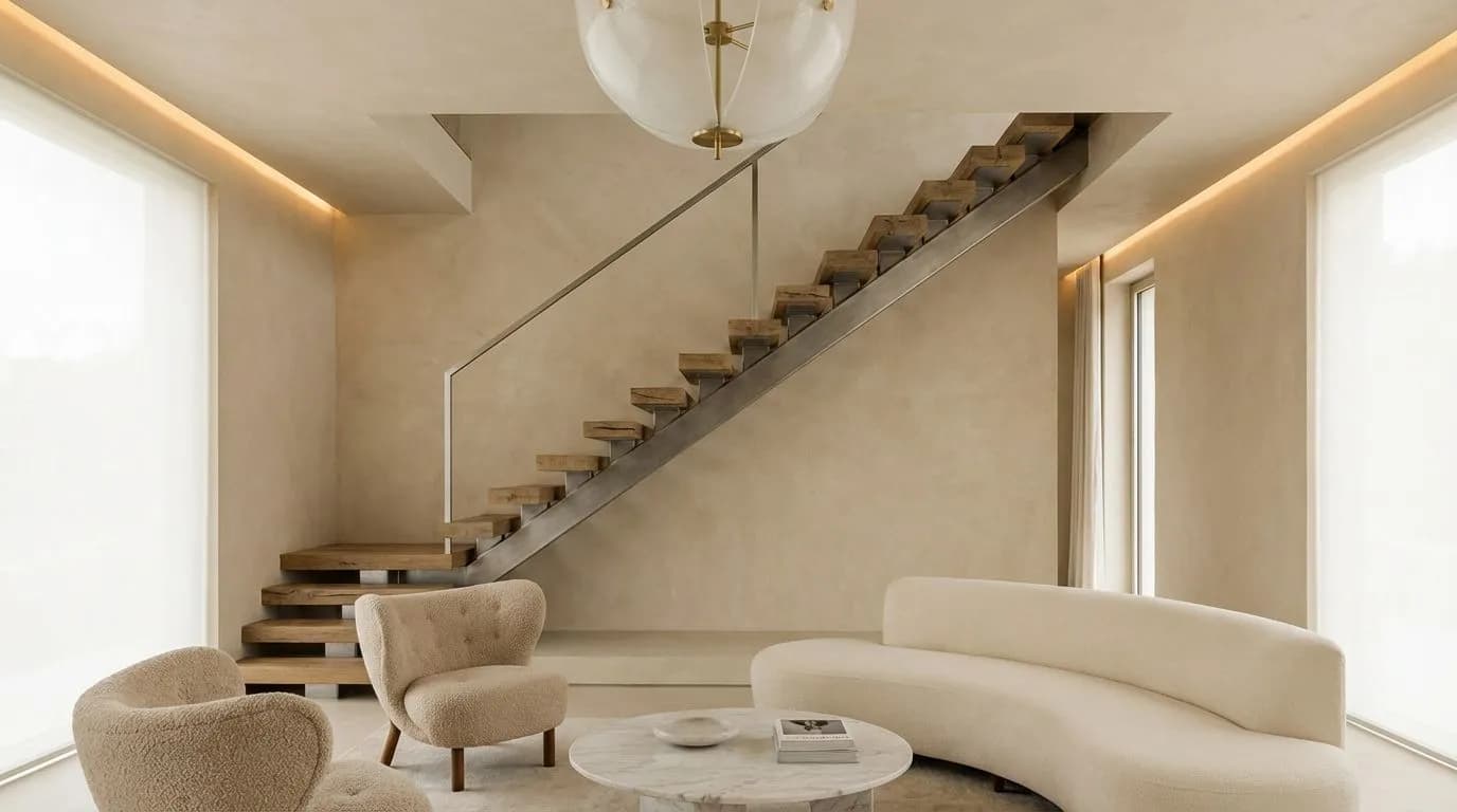 Light-filled living room with a floating timber staircase, a curved sofa and a glass pendant