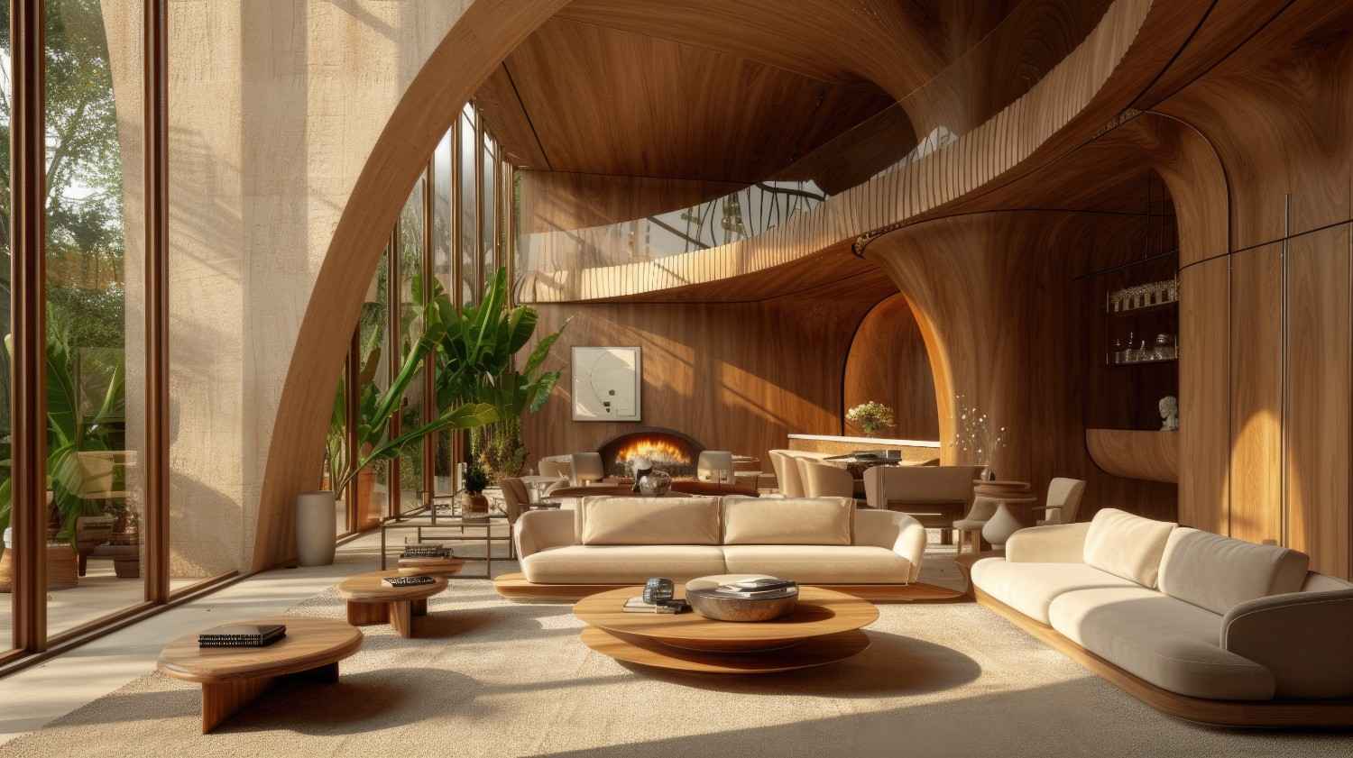 Living room with curved timber ceiling forms and built-in seating
