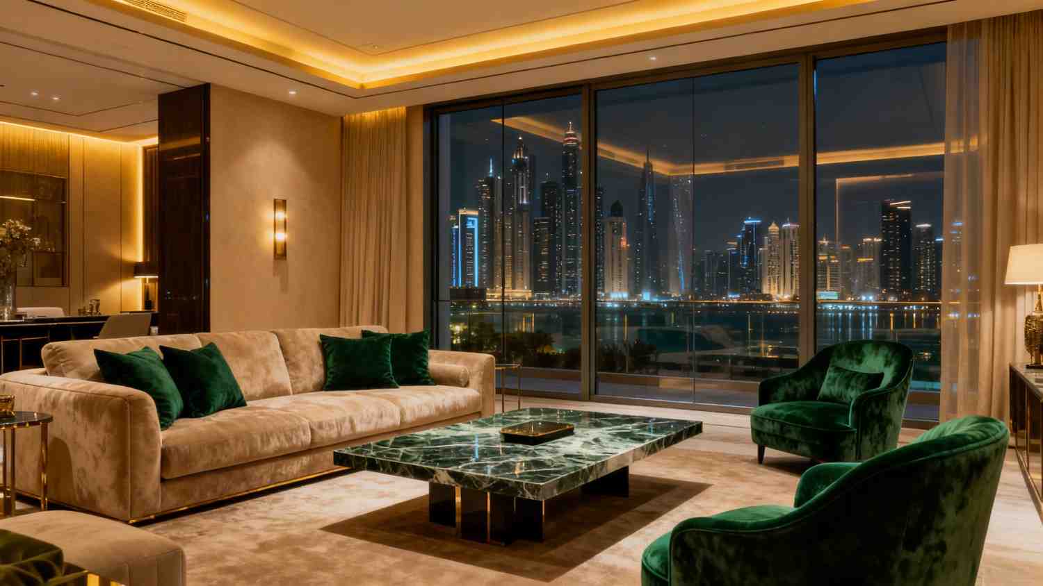 Evening living room with marble table, green chairs and a skyline view