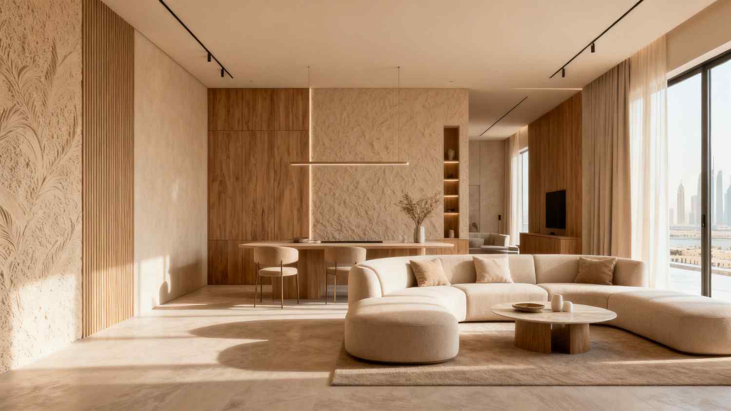 Neutral living room with a curved sofa, timber wall and textured plaster