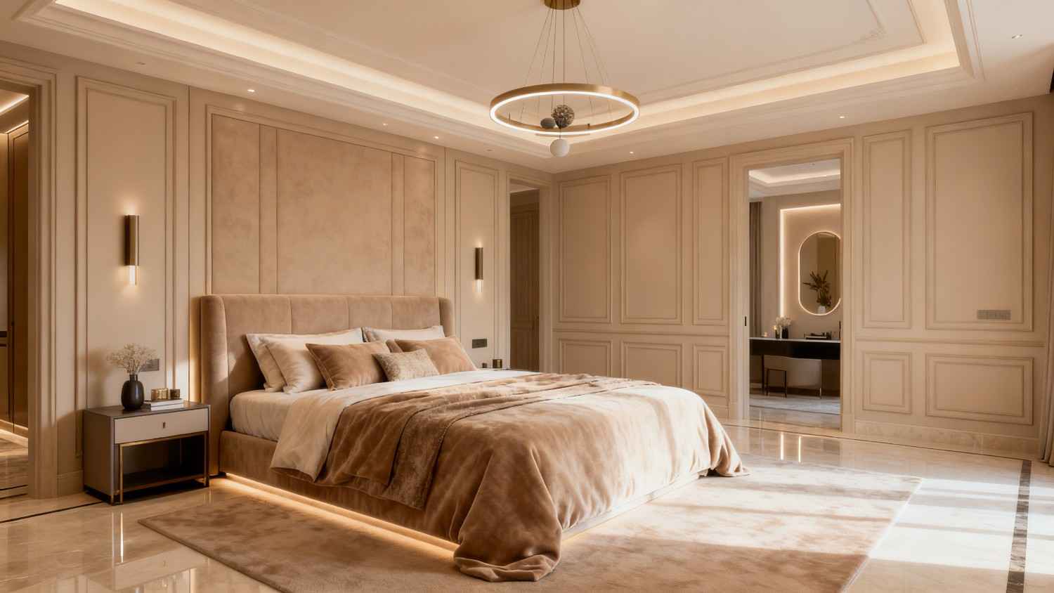 Bedroom with panelled walls, a cove-lit ceiling and a padded headboard
