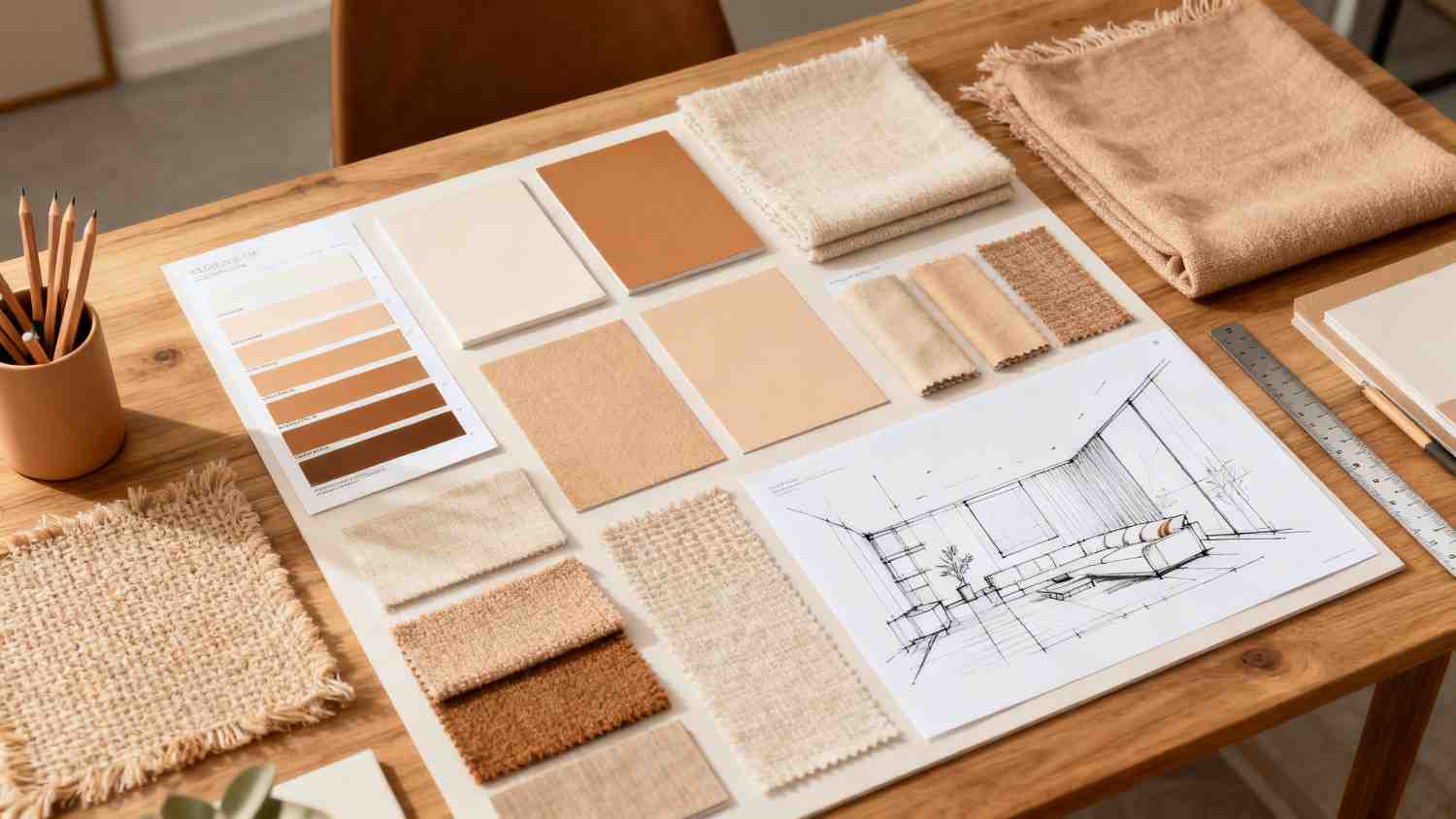 Material samples, swatches and an interior sketch on a timber table