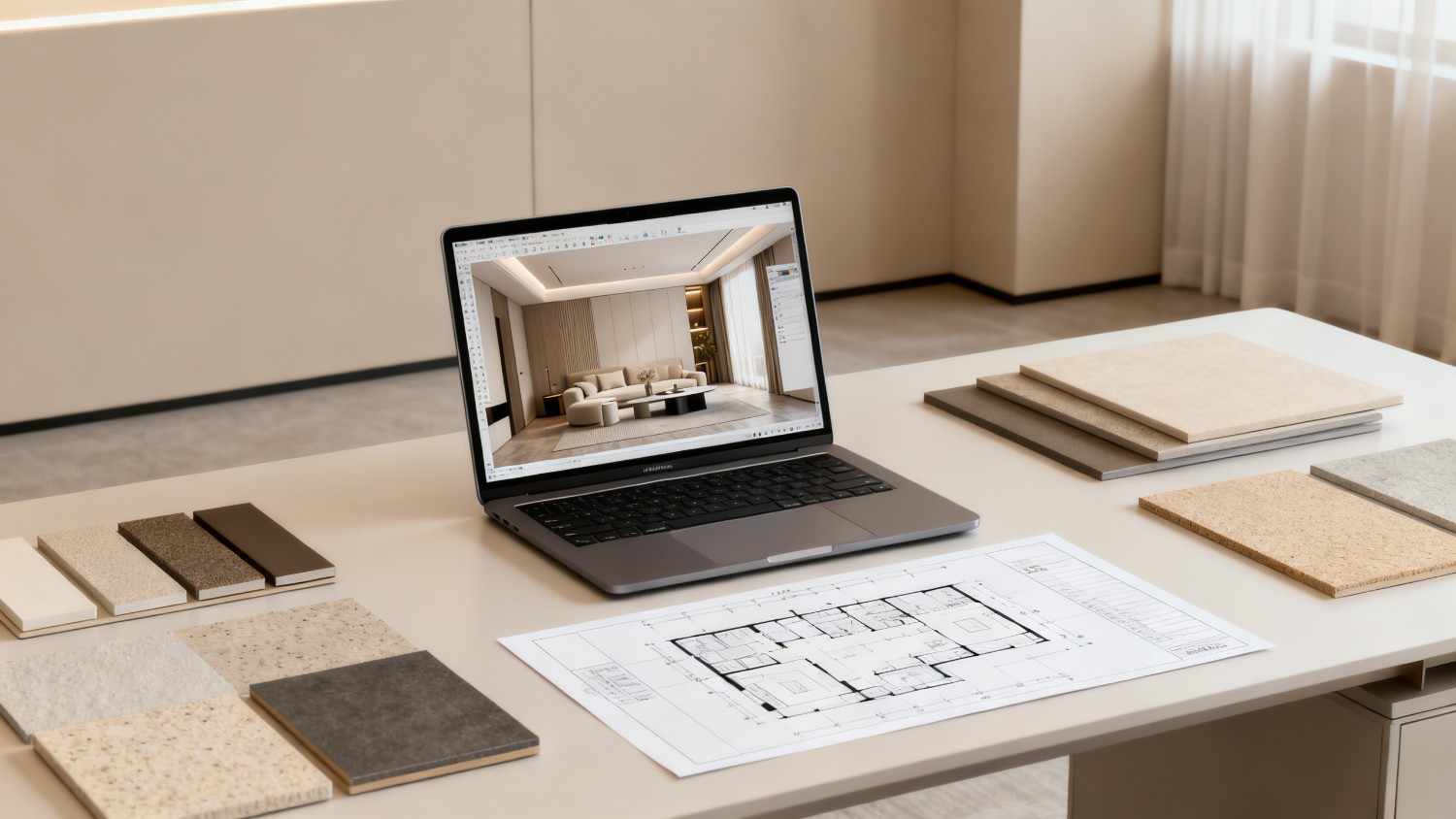 Design desk with a laptop, stone samples and a floor plan