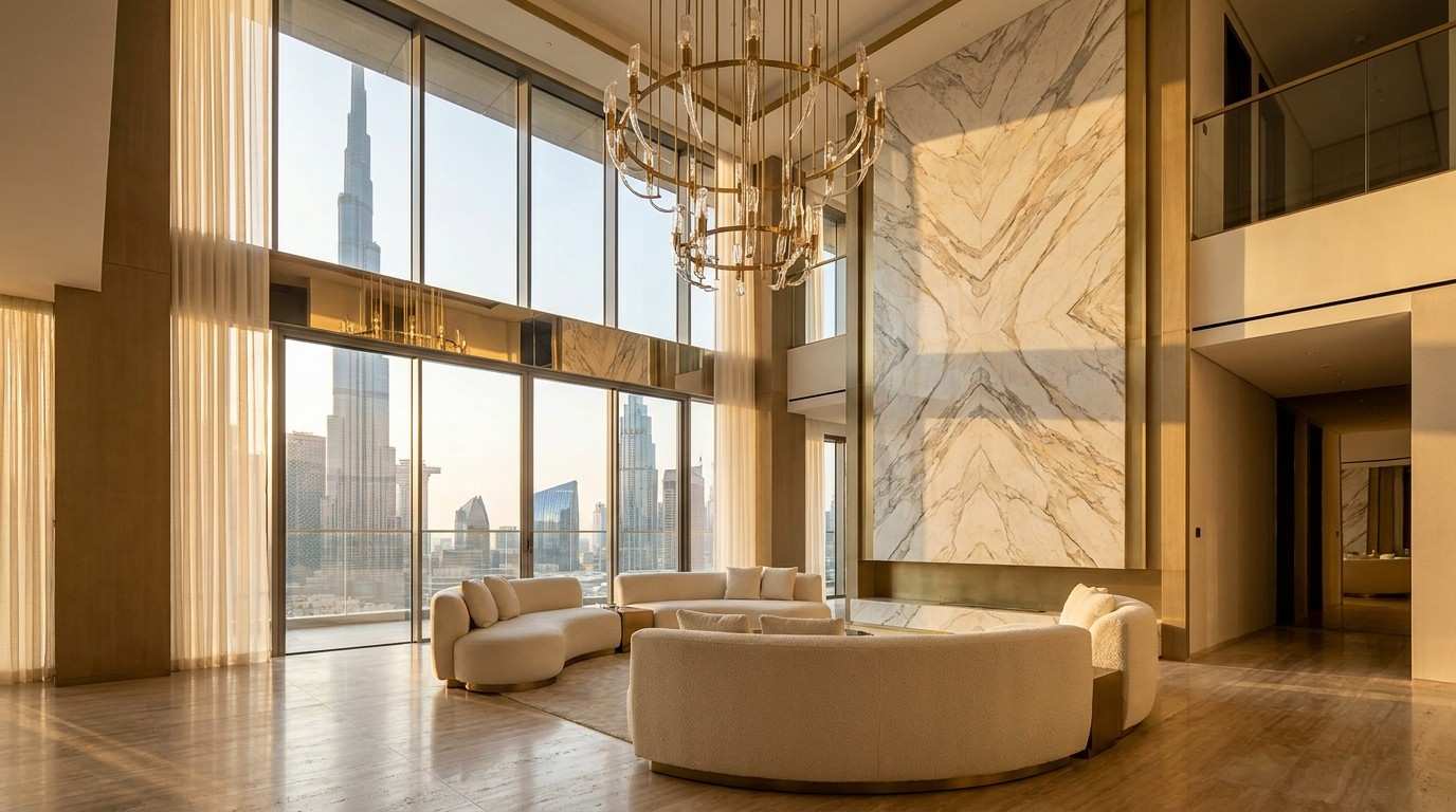 Double-height living room with cream seating, timber panelling and a chandelier